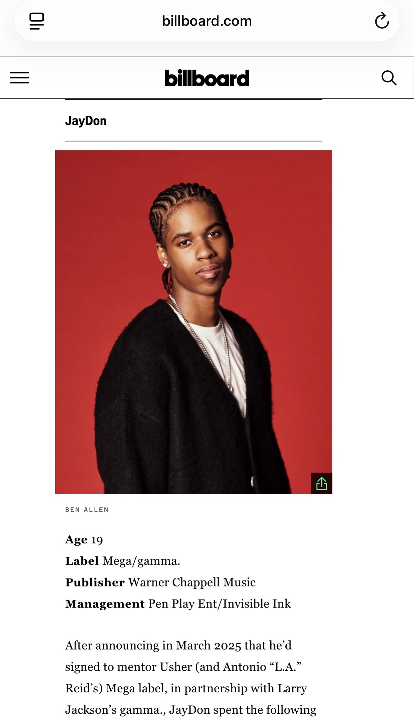 Billboard 21 Under 21 profile naming Invisible Ink as part of JayDon's management